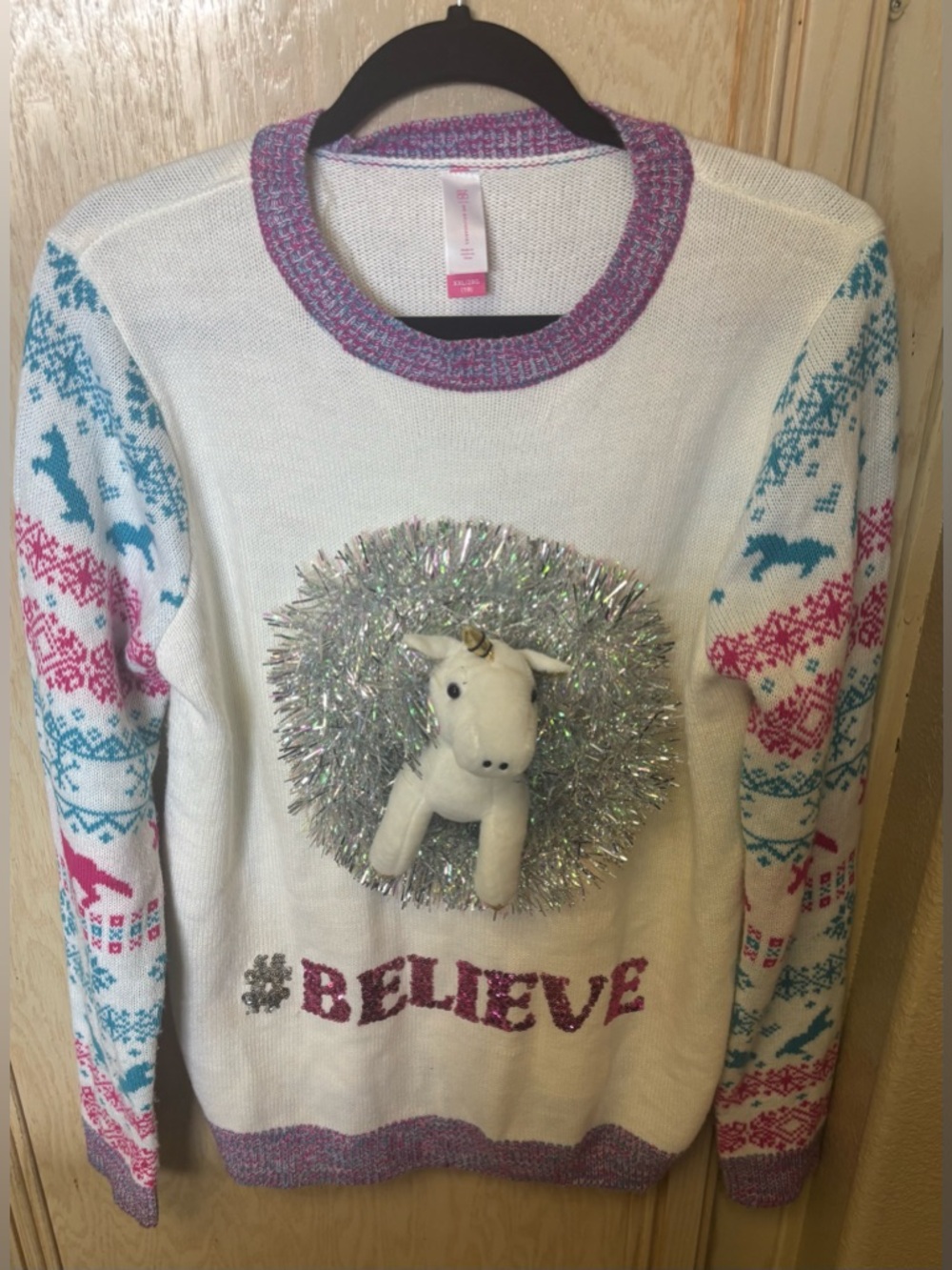 Ugly Christmas Sweater Believe 3D Unicorn Junior Sz XXL‎ (19) No Boundaries